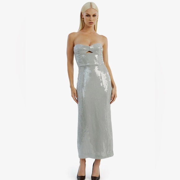 Bardot Cerise Glittering Silver Sequin Strapless Midi Dress Size 2 Chic Cocktail - Picture 1 of 15